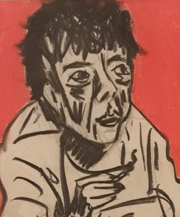 Porthcawl Artist Philip Vaughan Portrait of A Girl in Greyscale Colours With a Red Background - Caroline2