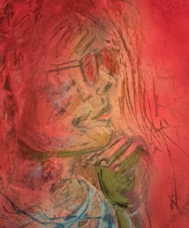 Porthcawl Artist Philip Vaughan Portrait of A Woman Wearing Glasses Thinking Agaist a Red Background - Francie