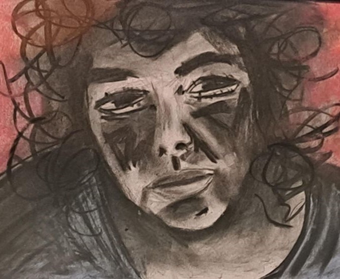 Porthcawl Artist Philip Vaughan Portrait of Woman in Greyscale Colours With a Red Background - Caroline