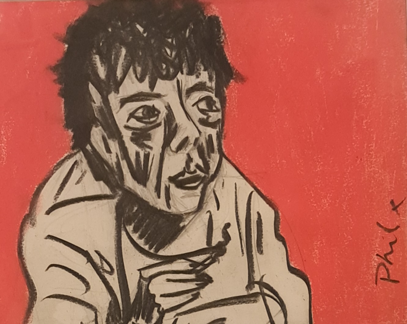 Porthcawl Artist Philip Vaughan Portrait of A Girl in Greyscale Colours With a Red Background - Caroline2