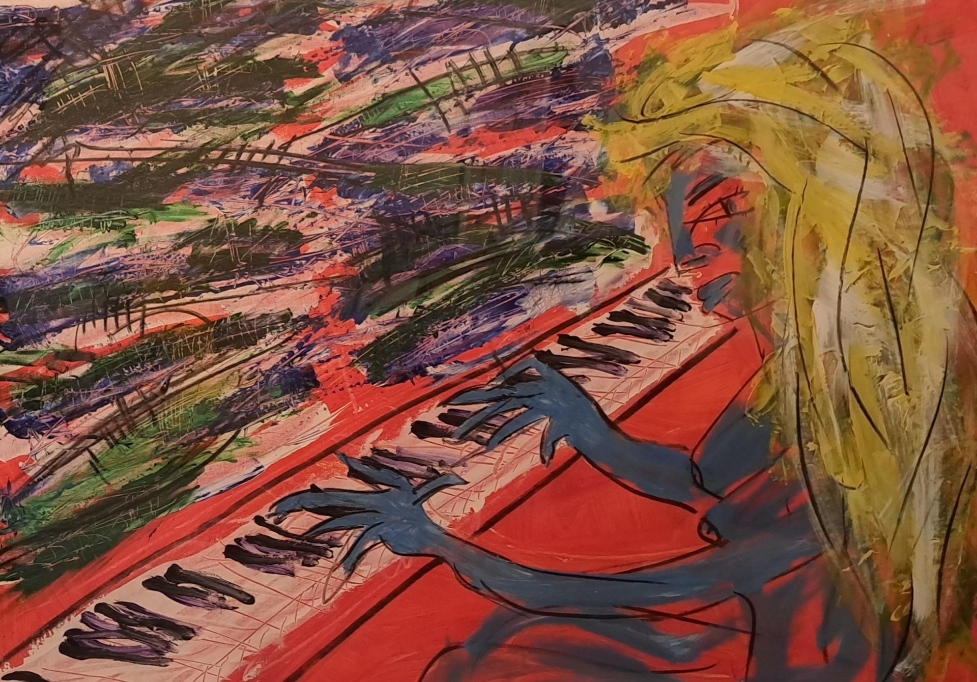 Porthcawl Artist Philip Vaughan Abstract Painting of Woman Playing a Piano - 'Playing the Blues'