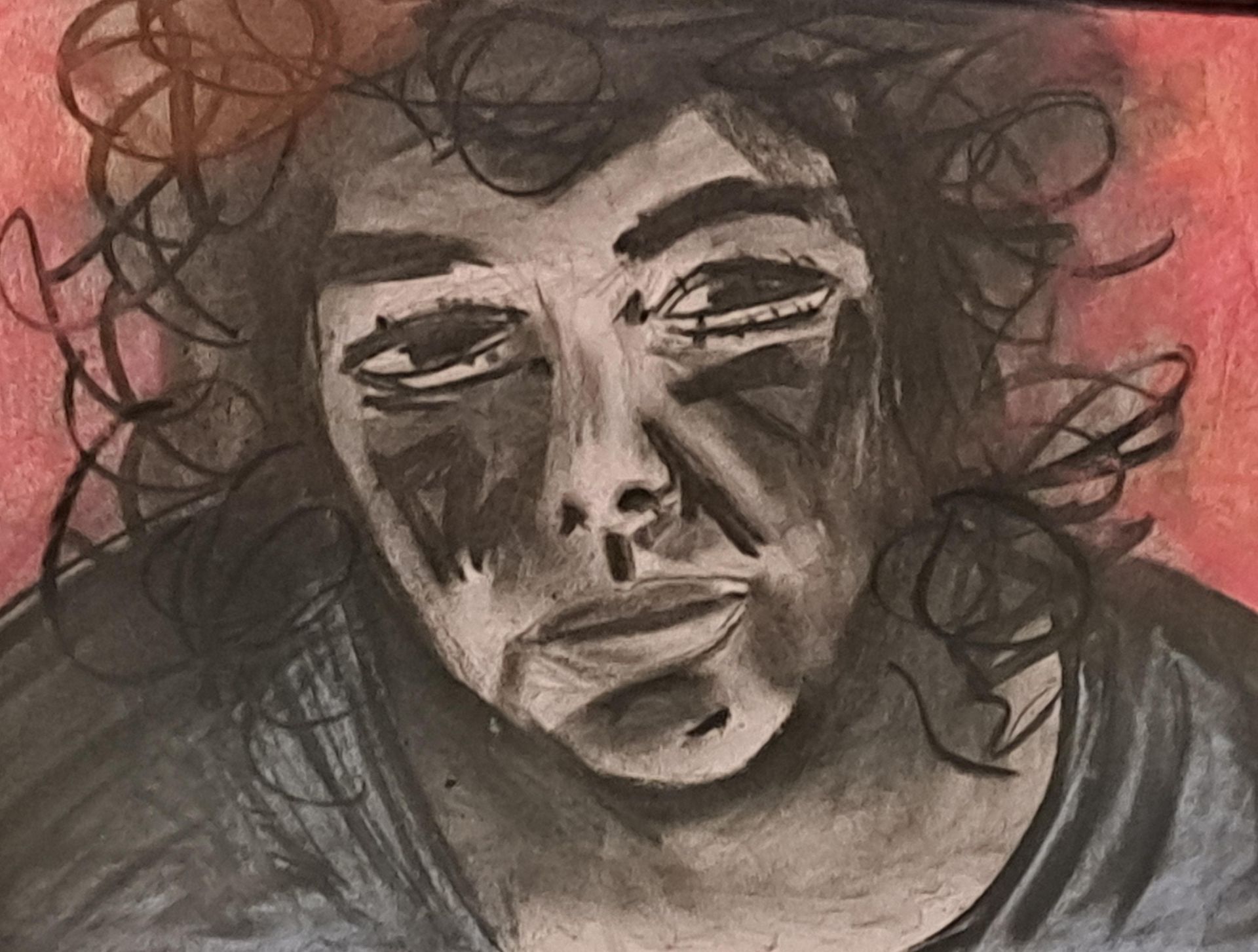 Porthcawl Artist Philip Vaughan Portrait of Woman in Greyscale Colours With a Red Background - Caroline