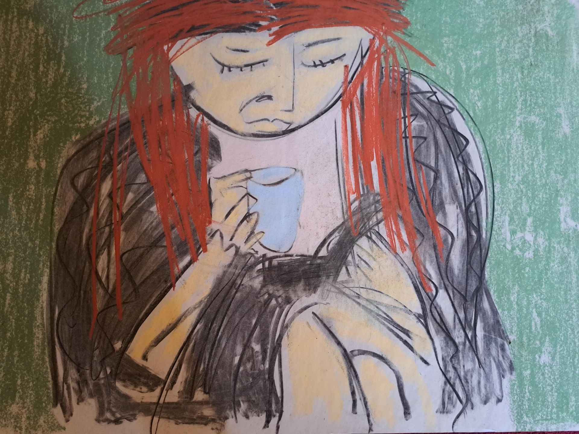 Porthcawl Artist Philip Vaughan Sketch of Woman Drinking Coco - Coco